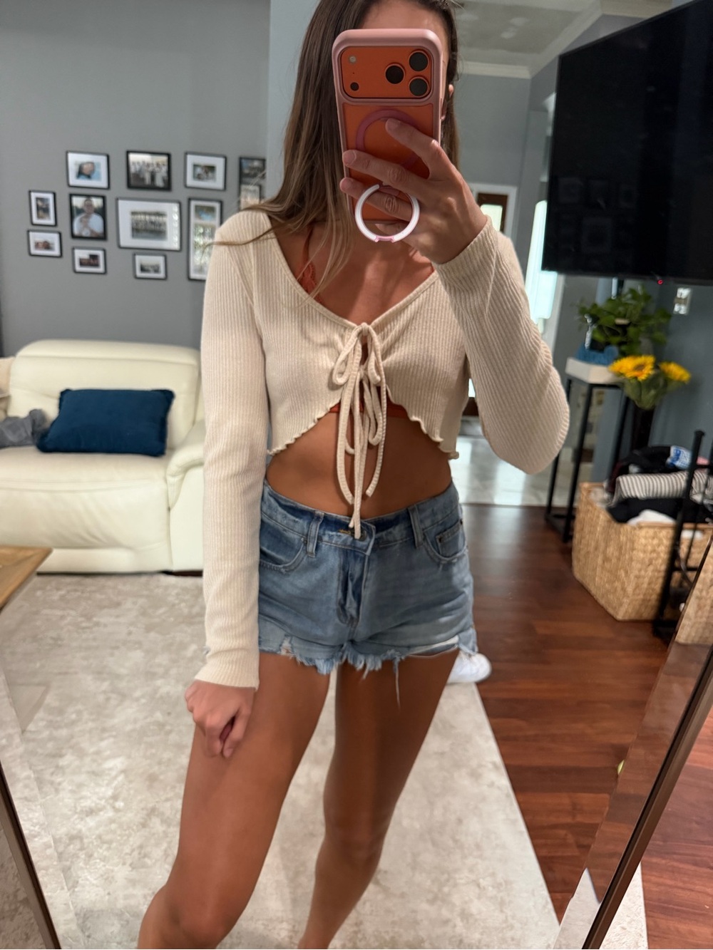 H&M Cream Ribbed Tie-Front Crop Top